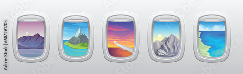 Rounded Airplane Window with Picturesque View Vector Set