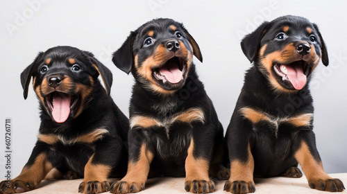 Few cute excited Rottweiler puppies on a minimalistic background. Generative AI