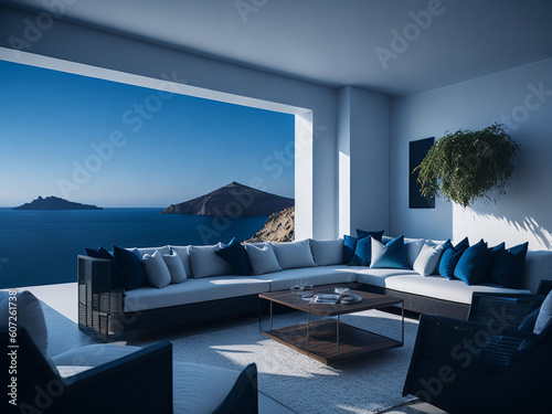 Luxury living room with sea view. 3d rendering. AI generated. © MrBaks