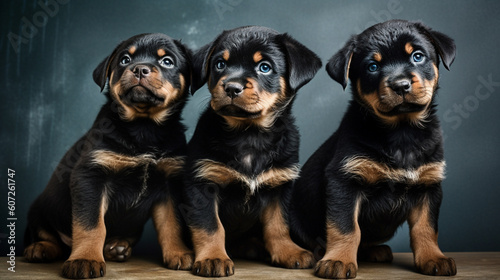 Few cute excited Rottweiler puppies on a minimalistic background. Generative AI