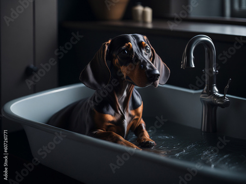 Dachshund dog taking a bath in the bathtub. AI generated. © MrBaks