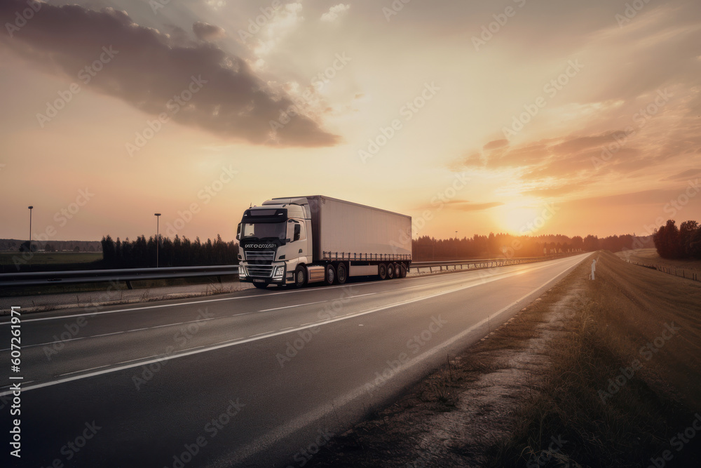 A semi truck makes its way down the highway during sunset, a symbol of the power and importance of the transportation sector. Generative AI.