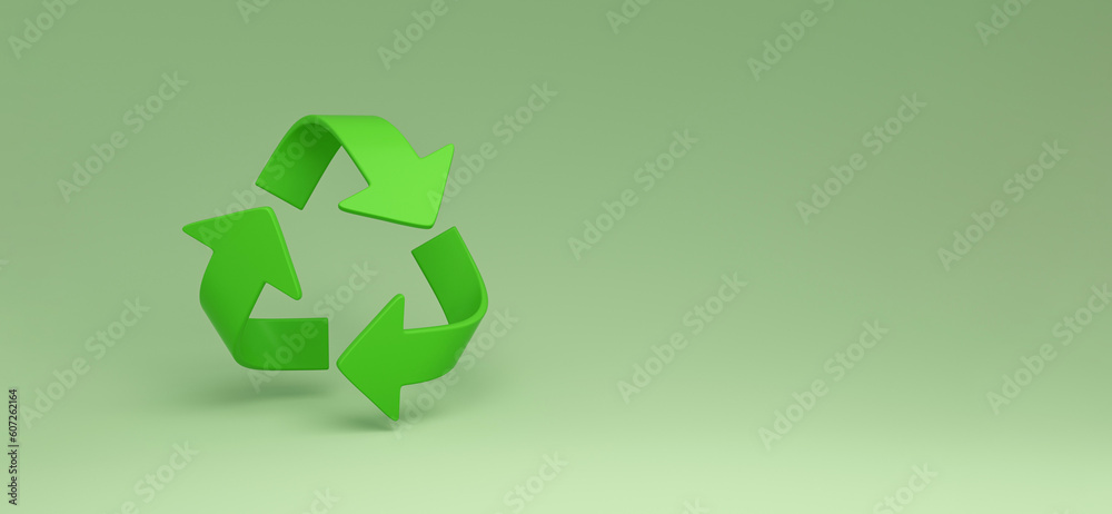 Obraz premium Panoramic Green recycling sign on green background for ecological waste management and a sustainable and economical lifestyle.