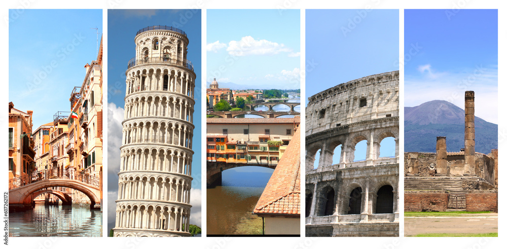 Obraz premium Set of vertical banner with landmark of Italy. Travel, vacation and tourism concept. Ruins of Pompeii, Leaning Tower of Pisa, Canal of Venice, Coliseum in Rome, Ponte Vecchio in Florence