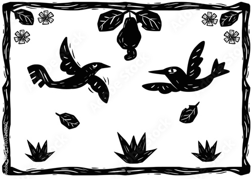 Dois pássaros voando ao redor de um caju. Ilustração típica do Nordeste do Brasil no estilo xilogravura e literatura de cordel