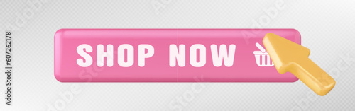 3d click on shop now button in online shop. Web banner for buy and cursor icon. Arrow cursor and button on Internet site isolated on transparent background, vector illustration