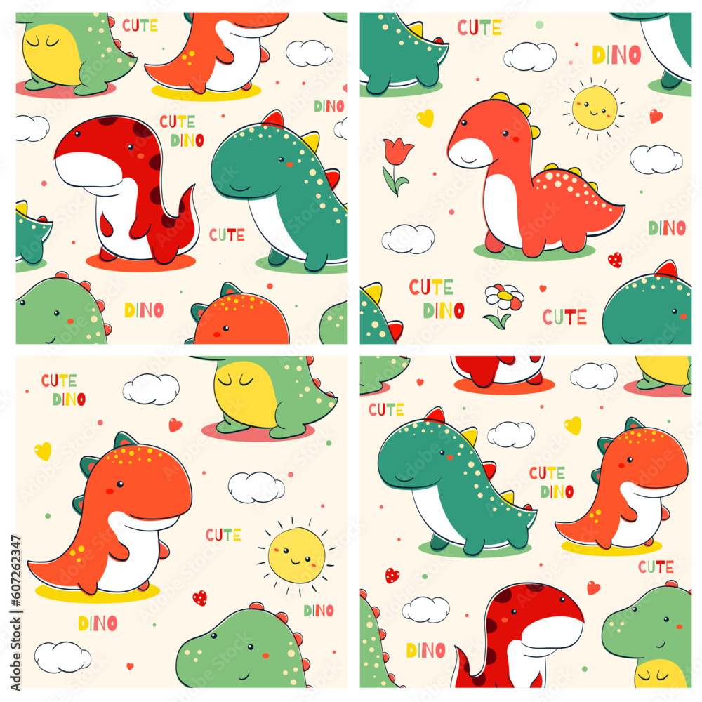 Kids collection of cute dino print.  Set of seamless pattern with little cartoon dinosaurios. Endless texture can be used for textile pattern fills, t-shirt design, web page background. Vector EPS8