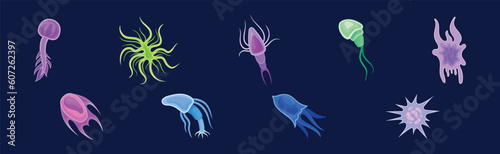 Plankton Water Organism with Tentacles Free Floating on Dark Background Vector Set