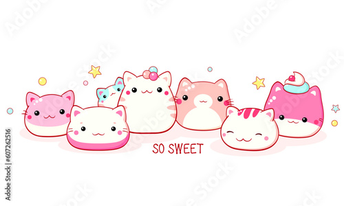 Traditional Chinese animal-shaped mantou buns. Cute cat-shaped dessert in kawaii style. Inscription So sweet. Can be used for t-shirt print, sticker, greeting card. Vector illustration EPS8