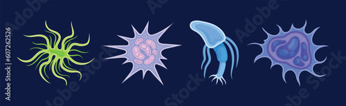 Plankton Water Organism with Tentacles Free Floating on Dark Background Vector Set