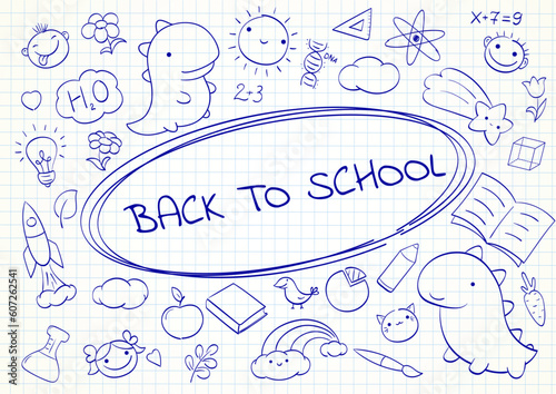 Back to school. Set of cute hand drawn sketches. Collection of funny sketch on notebook page - faces of boy and girl, dino, cat, leaf, sun, rainbow, rocket, apple, brush. Vector illustration EPS8