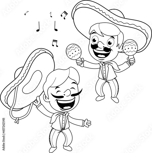 Mexican mariachi men with sombreros, singing and playing the maracas. Vector black and white coloring page.