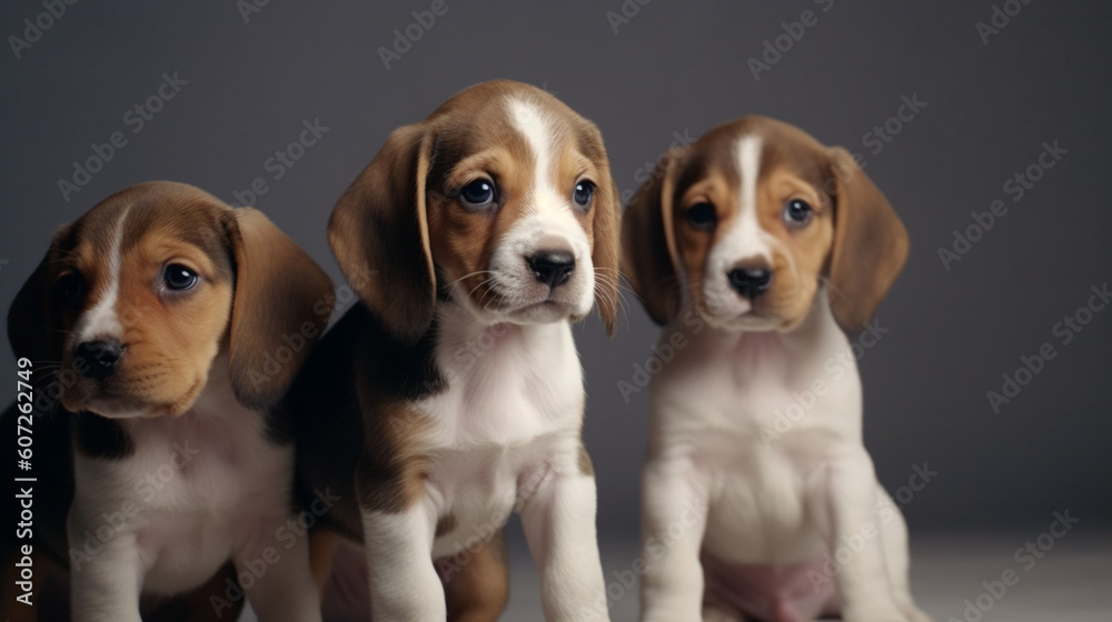 Cute excited beagle puppies on a minimalistic background. Generative AI