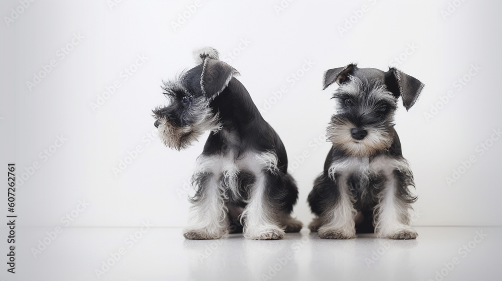 Few cute miniature schnauzer puppies on a minimalist backdrop. Generative AI