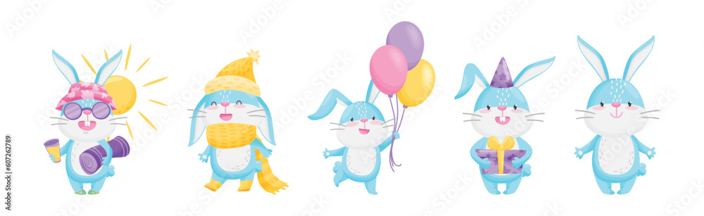Cute Rabbit with Long Ears Engaged in Different Activities Vector Set Cute Rabbit with Long Ears Engaged in Different Activities Vector Set