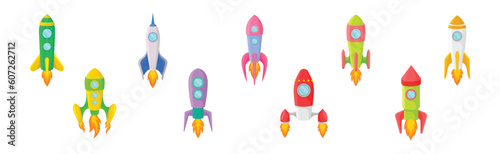 Bright Space Rocket Launching or Starting Up Vector Set