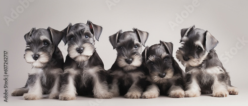 Few cute miniature schnauzer puppies on a minimalist backdrop. Generative AI