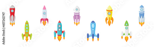 Bright Space Rocket Launching or Starting Up Vector Set