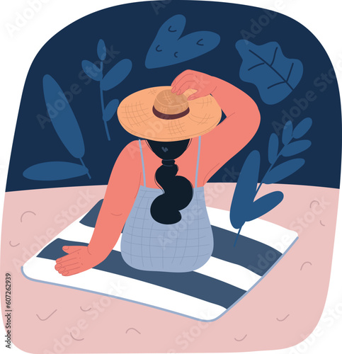 Cartoon vector illustration of Head accessory element summer hat, beach hat with wide brim