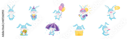 Cute Rabbit with Long Ears Engaged in Different Activities Vector Set © Happypictures