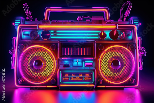 Print op canvas Neon psychedelic 1980s' style ghetto blaster with speakers and cassette player