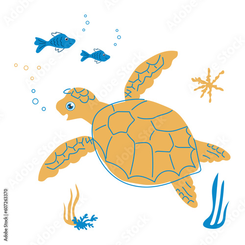 Sea animals funny turtle and fish underwater on a white background. Vector illustration for background, decoration, postcards, print, nursery