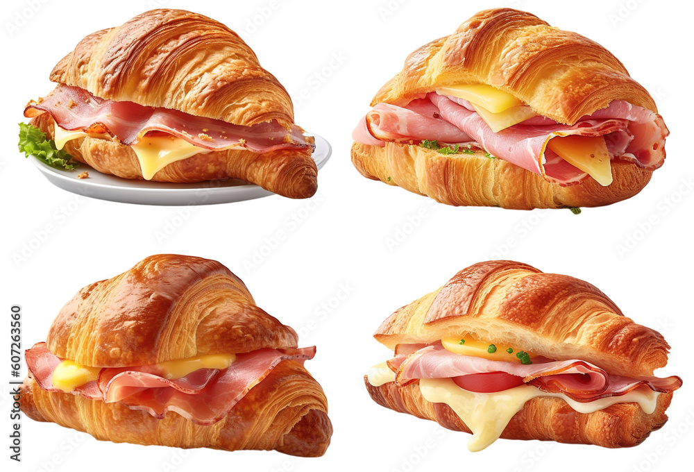 Four freshly baked ham and cheese crossiants on a transparent background, Generative AI - obrazy, fototapety, plakaty 