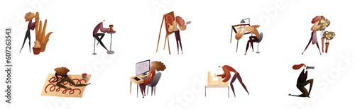 Creative Man and Woman Engaged in Artistic Creative Activity Vector Set