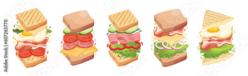 Sandwich with Ingredient Layers Between Bread Slices Vector Set