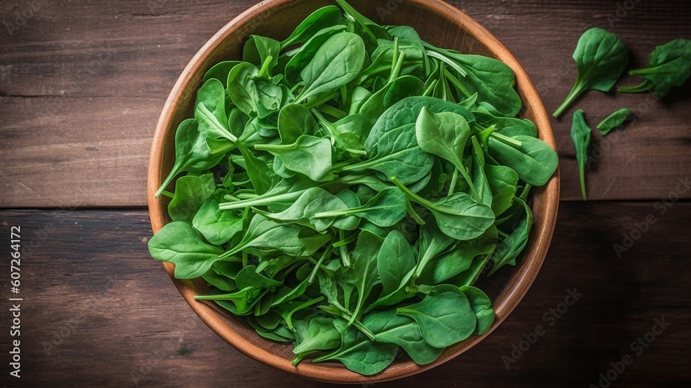 Baby spinach leaves in bowl on wooden table Generative AI Baby spinach leaves in bowl on wooden table Generative AI