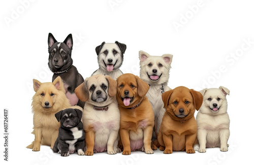 Many dogs different breeds  sizes  and colors. Dog Ensemble  Breeds  Sizes  Colors  Discipline  Cute Pets isolated on White Background. Generative AI