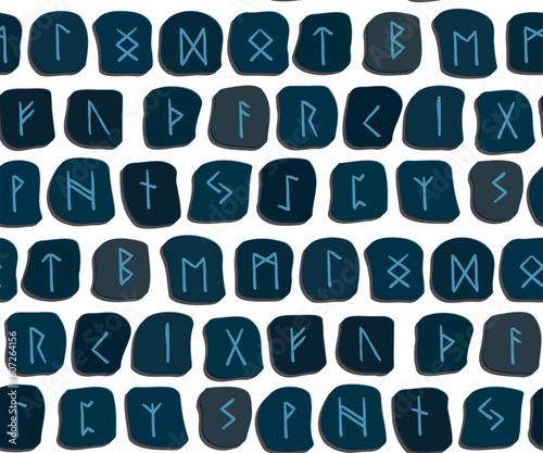 Runes blue seamless ethnic pattern on white. Runic alphabet, Futhark. Ancient norse occult symbols, vikings letters, rune font. Design for fabric, wallpaper, scrapbook, wrapping. Vector illustration