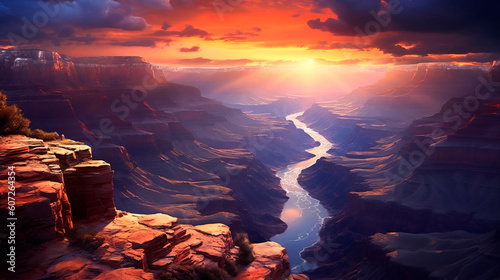 A canyon with high mountains and rocks. Mountain river. Sun rays at sunset with clouds. Generative Ai