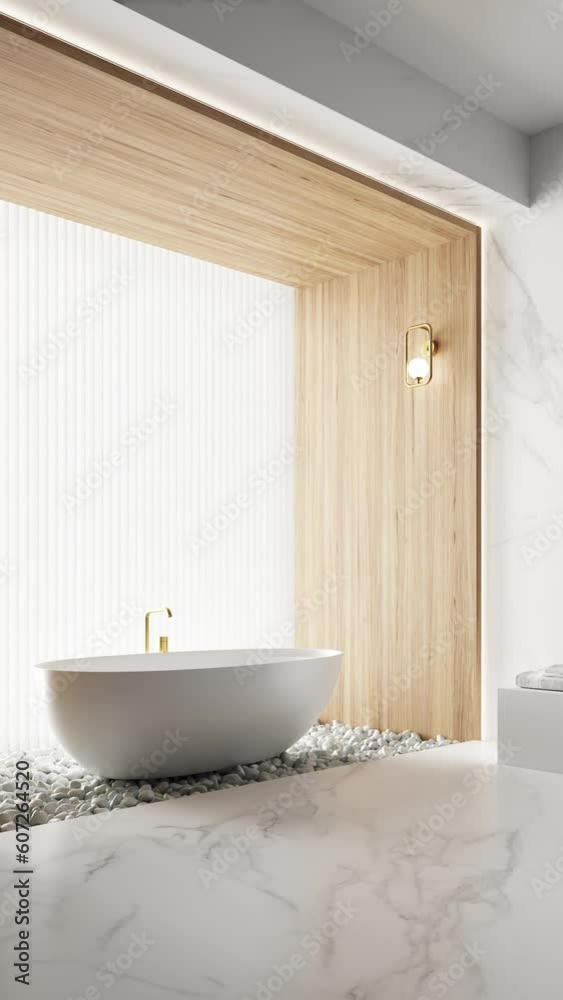 Bathroom with wooden walls and white marble. White bathtub next to a large window with natural light. White stones on the ground. Bathroom with wooden walls and white marble. White bathtub next to a large window with natural light. White stones on the ground.