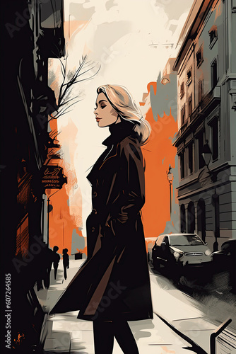 A young woman walks in the city landscape. Vertical Illustration. Generative AI. Template for book covers.