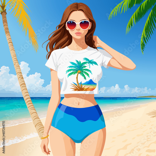 Beautiful girl with long hair on the beach in a white t-shirt