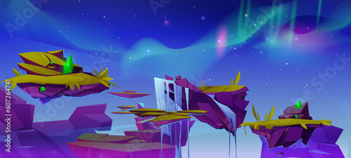 Vector aurora sky landscape with floating island cartoon game landscape. Magic borealis light at night for northern adventure fairytale scene with flying rock platform. Green blue gradient polar scene