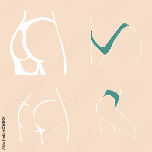 Set icons One line silhouette of a female body on beige background.