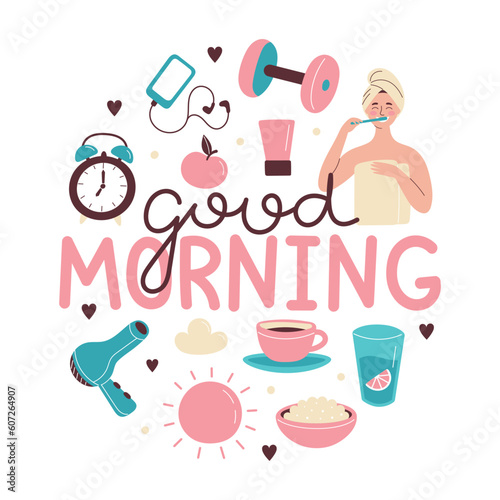 Set of hand drawn morning routine elements. The woman is brushing her teeth. Breakfast, morning fitness, daily planning. Vector isolated illustration