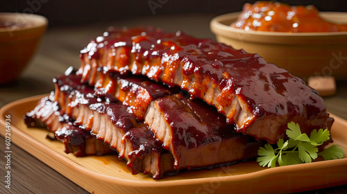 Baked pork ribs with barbecue sauce. grilled pork ribs with sauce on a cutting board , spice, marinade, closeup. Roasted sliced barbecue pork ribs