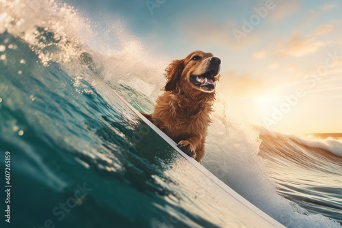 Image of a happy Cocker Spaniel surfing on a surfboard at the beach on a sunny day.