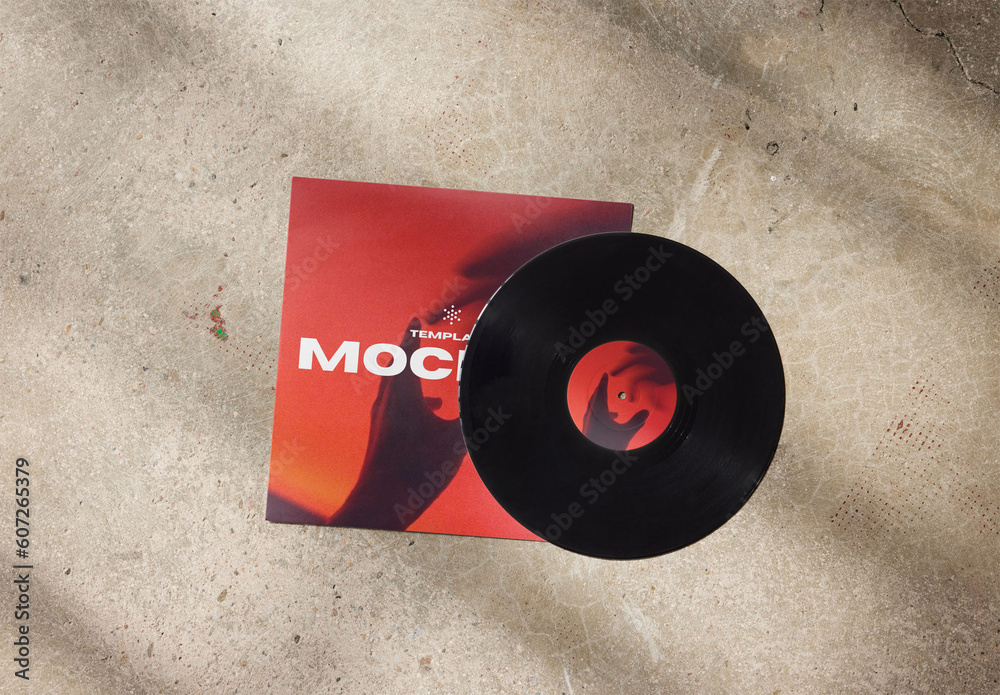 Mockup of customizable LP vinyl record album sleeve and label against ...