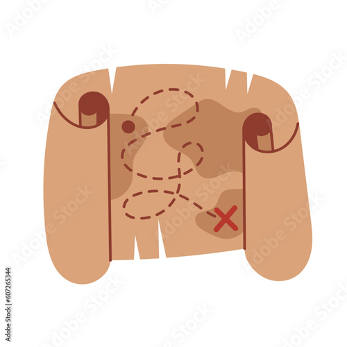 Pirate rolled up vintage treasure map. Aged brown paper, bundle. Hand drawn cartoon vector illustration isolated on white background