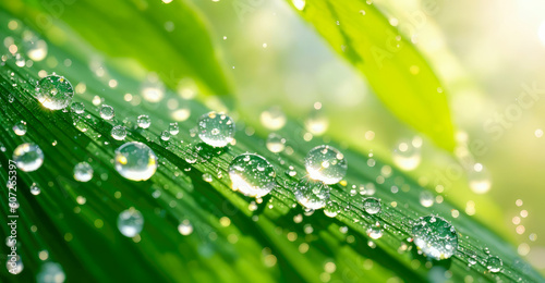 Print op canvas Water drops on green leaf abstract background