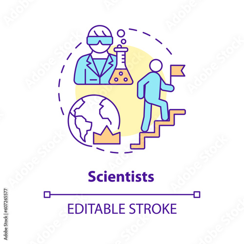Scientists concept icon. New technology. Industry development. Paradigm shift. Public opinion. Science researcher abstract idea thin line illustration. Isolated outline drawing. Editable stroke © bsd studio