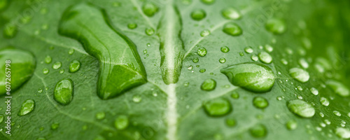 Beautiful drops of transparent rain water on a green leaf macro. Natural background.