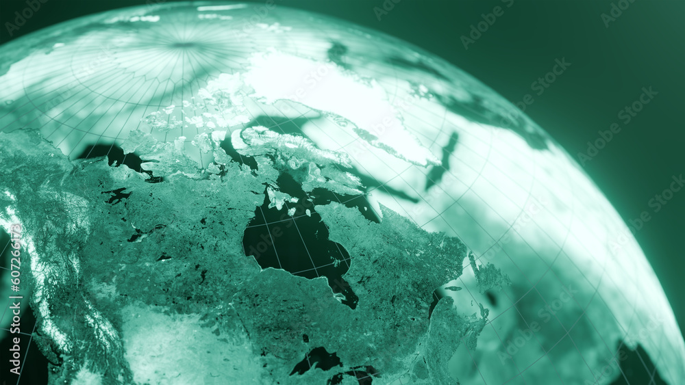3D render of canada and iceland globe map, Technology and Futuristic blue green line glowing Earth Background