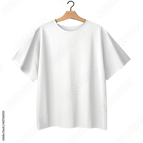 Blank White T-Shirts Mock-up hanging on, front side view. Ready to replace your design. Generative ai