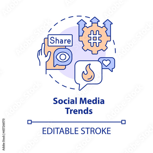 Social media trends concept icon. Consumer engagement. Market research. Digital marketing. Trend analysis. Share content abstract idea thin line illustration. Isolated outline drawing. Editable stroke