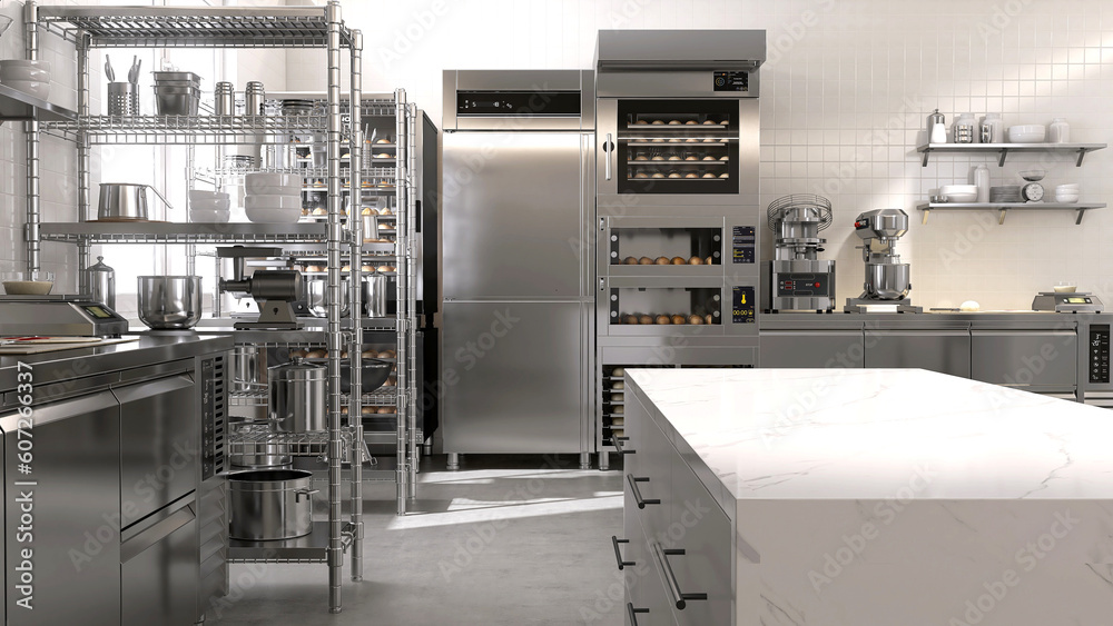 Empty clean white marble top island table in commercial, professional bakery kitchen with stainless steel convection, deck oven, freezer, refrigerator, shelf, cabinet, equipment in background 3D Empty clean white marble top island table in commercial, professional bakery kitchen with stainless steel convection, deck oven, freezer, refrigerator, shelf, cabinet, equipment in background 3D